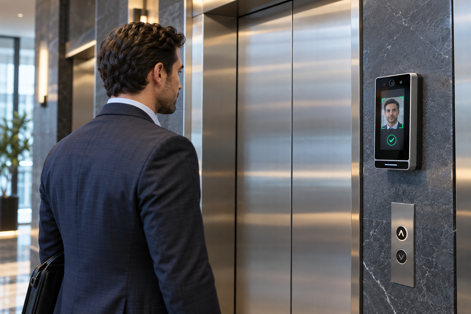 Profesional autenticándose con un lector de reconocimiento facial junto a un elevador corporativo